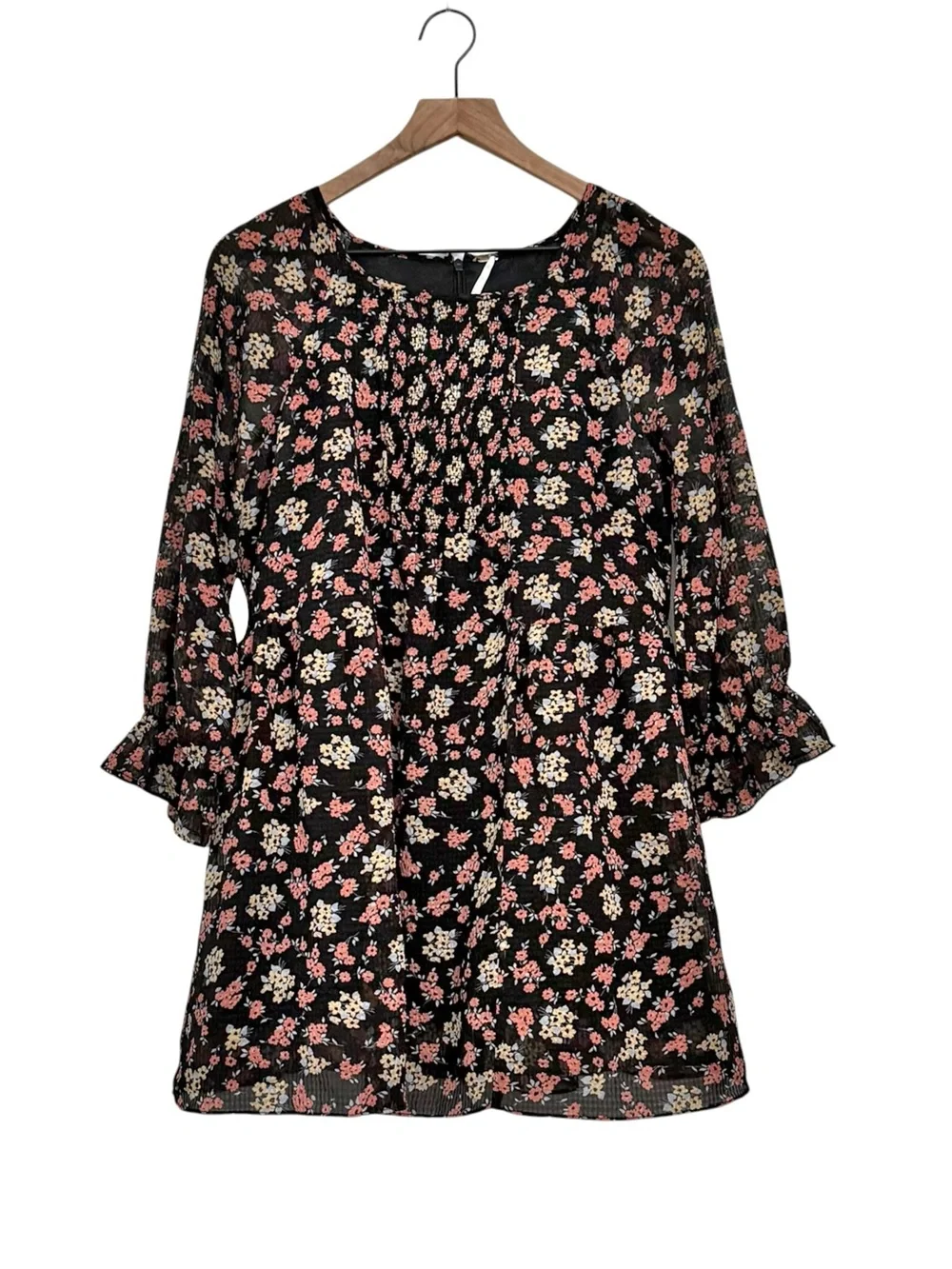 Free People Black 3/4 Sleeves Ditsy Floral Mini Dress Tunic